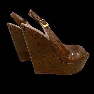 Baldan shiny cork peep toe sling back wedges